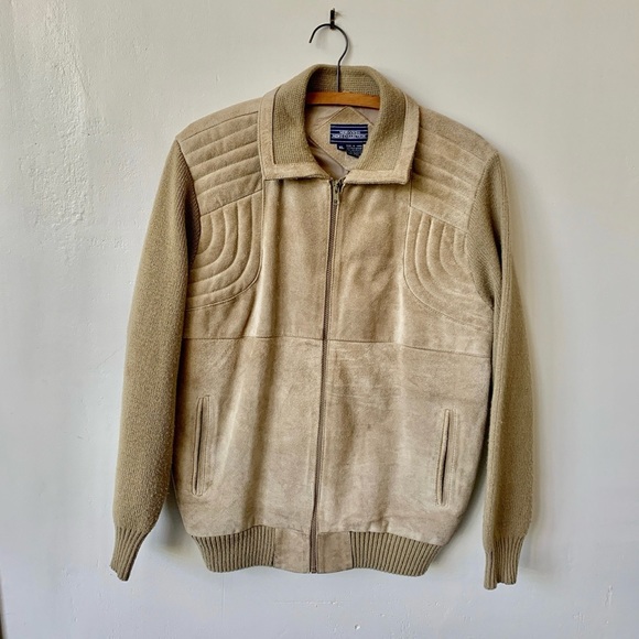 Vintage Suede and Knit Men’s Jacket 1980’s Stranger Things Leather Tan Jacket - Picture 1 of 9